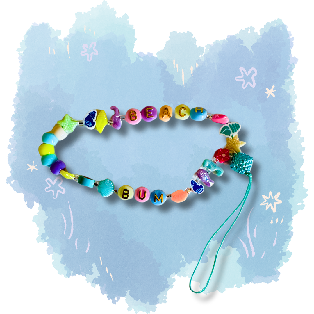 Teacher phone charm with colorful beach beads including seahorses, seashells, and starfish - perfect summer accessory for educators