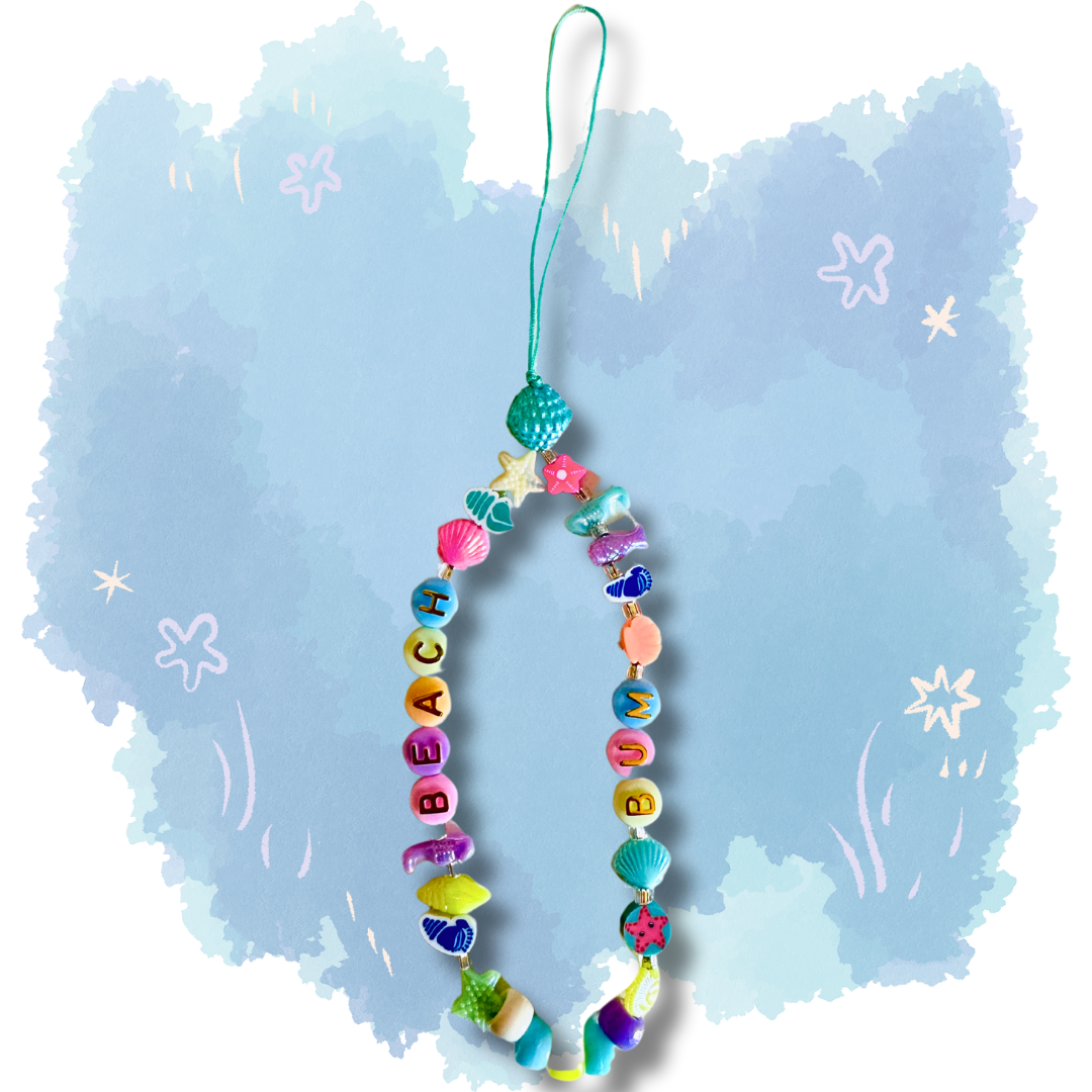 Close-up view of beach bum teacher summer phone charm showing detailed ocean-themed beads and tropical elements for educator accessories