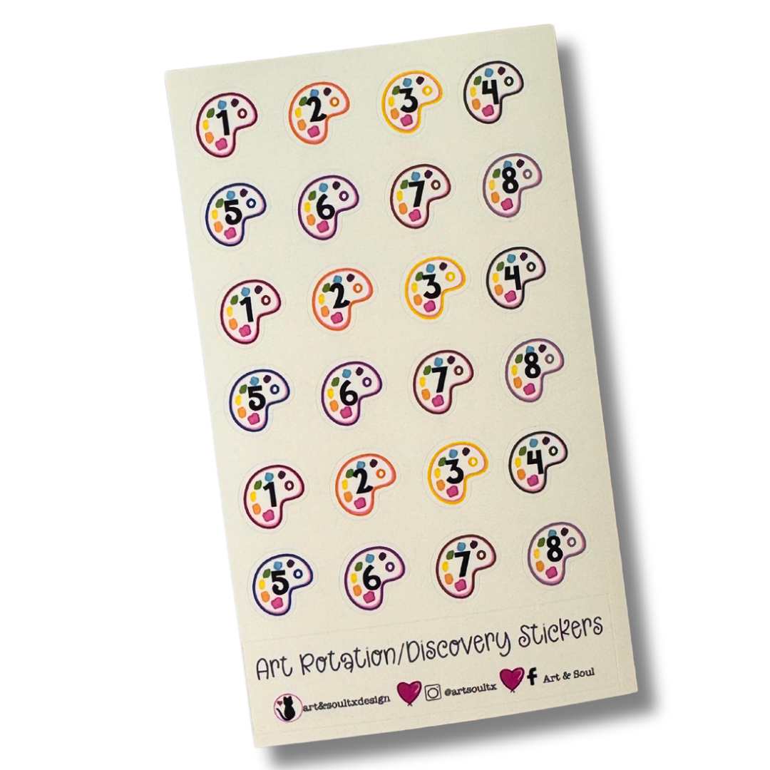 An eight day rotation schedule planner sticker sheet.  Each sheet has 24 stickers, enough for three full rotations.
