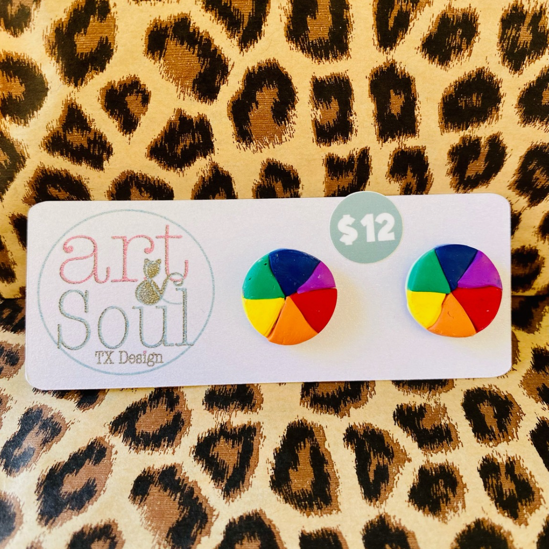 A pair of artist color wheel earring studs together on a package with the Art & Soul logo.  The earrings are on leopard print background.