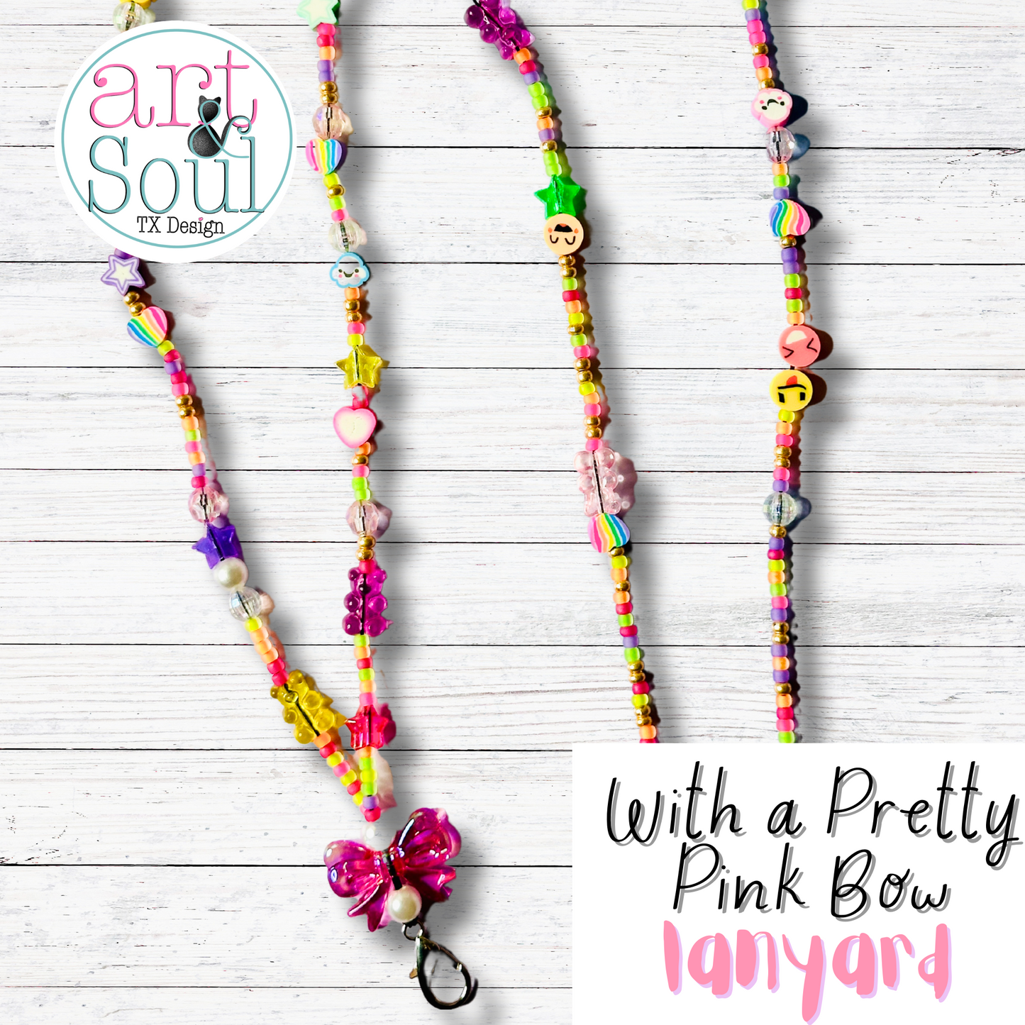 A lanyard with a pretty pink bow near the ID and keychain holder and colorful stars, hearts, smiley faces, bears clouds, and other cute and fun beads.