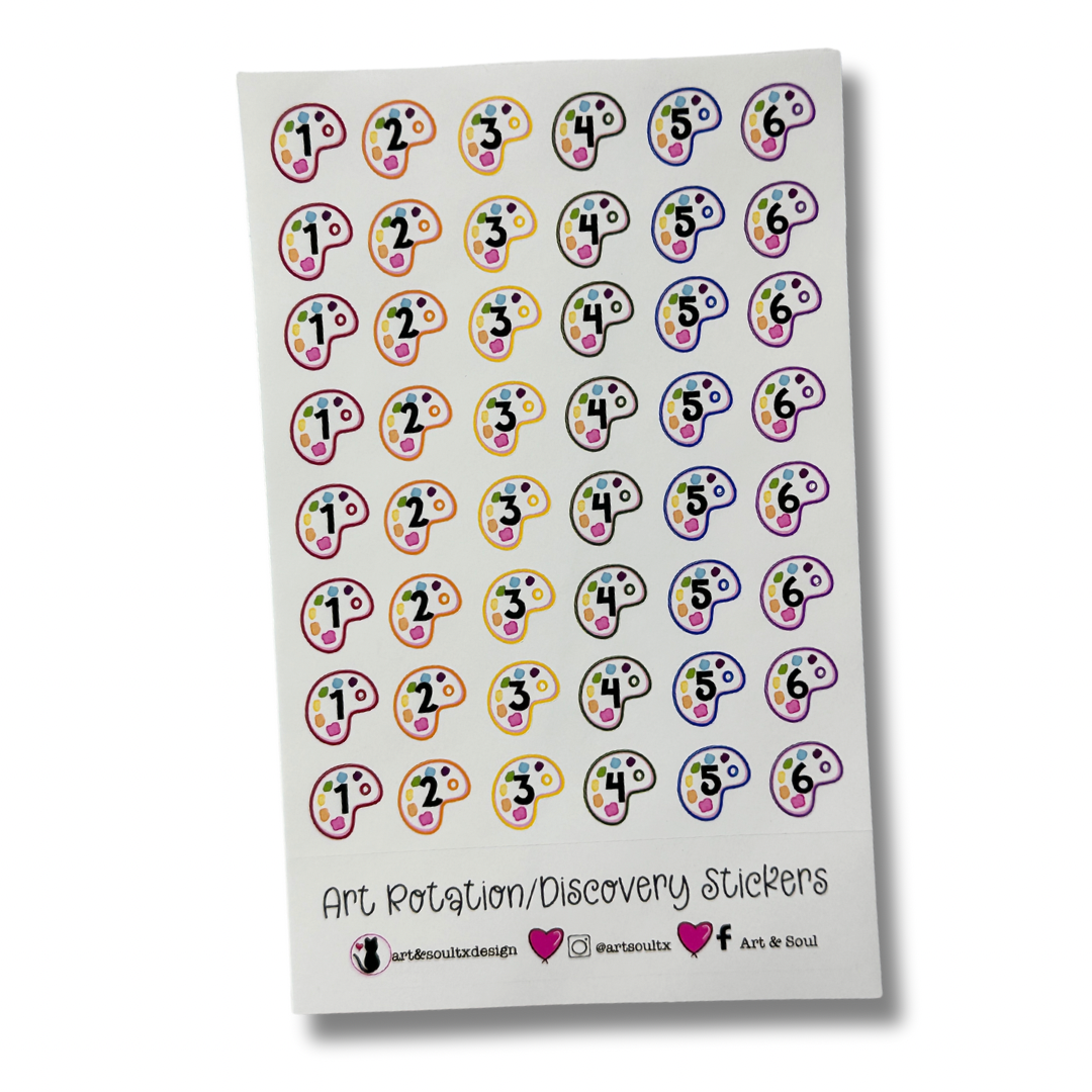 A six day rotation schedule planner sticker sheet.  There sheet has eight weeks worth of stickers on each six day rotation sheet.