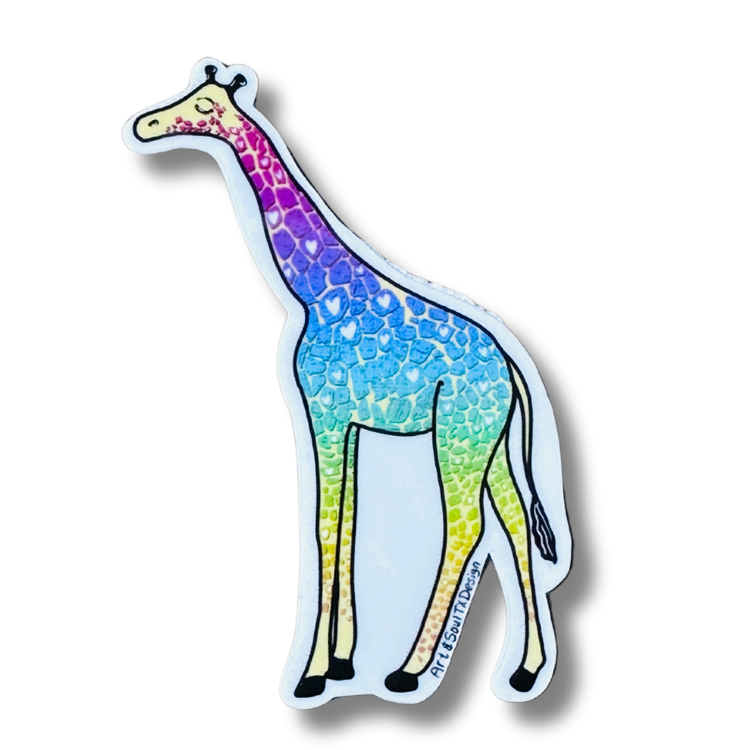 A tall full body giraffe (side profile) sticker on a white background. This giraffe has colorful spots from magenta, purple, blue, teal, green, and yellow spots along with a few white hearts of some the spots. The giraffe is standing tall with one eye closed.   